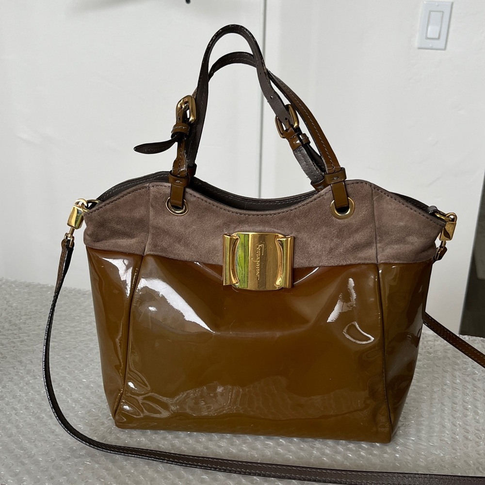 Salvatore Ferragamo Chocolate Patent Leather & Suede Mini Crossbody Bag